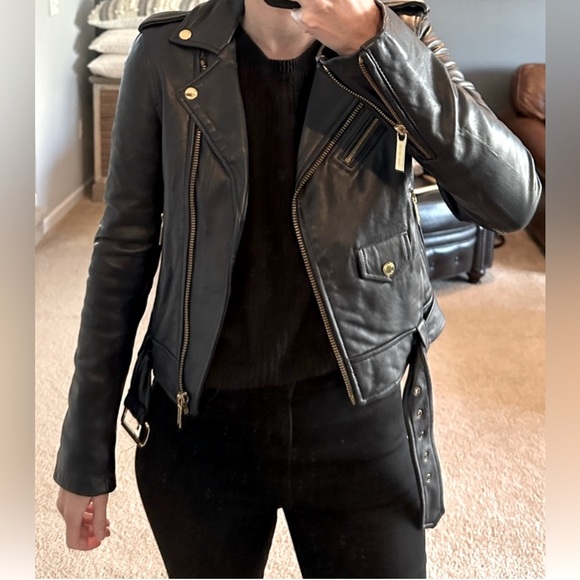 MICHAEL BY MICHAEL KORS MOTO MIDNIGHT BLUE BLACK LEATHER JACKET & GOLD HARDWARE - Picture 6 of 11